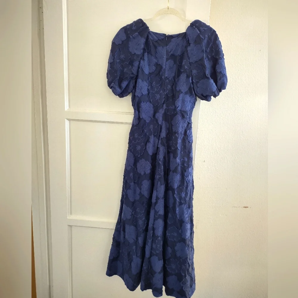 Tanya Taylor Harley Floral Navy Puff Sleeve VNeck Midi Dress - Picture 4 of 10